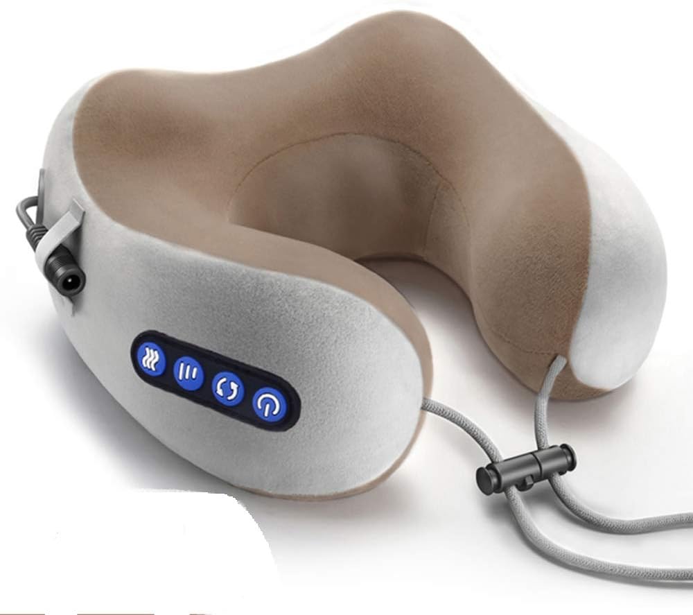 DHY Electric Travel Neck Massage Pillow, U Shaped Memory Foam Kneading Vibration Neck Head Support Pillow, Relief Cervical Pain, For Airplane, Train, Car, Brown