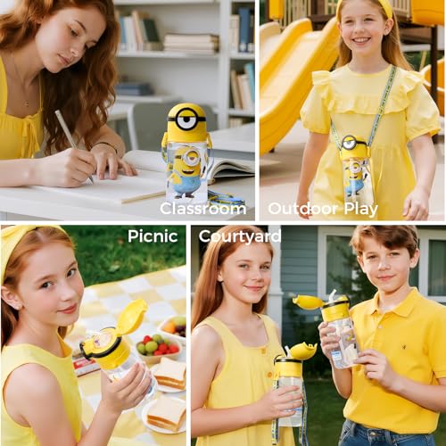 Image of MINISO Minions Insulated Water Bottle with Straw 20 oz Travel Tumbler with Lid Holder Compatible Cup BPA-Free Bottle with Strap for Boys Girls and Kids School Office Home