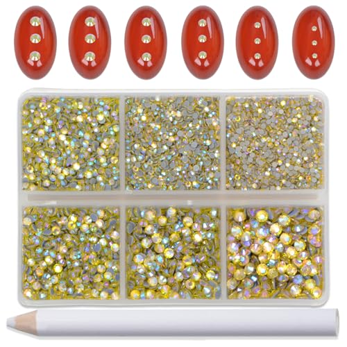 Image of Bymitel Hotfix Crystal Rhinestones Round Gems for Crafts,Mixed 6 Sizes with Wax Pencil Kit, Citrine AB 1.3-3.2mm(SS3-SS12 /8000pcs)