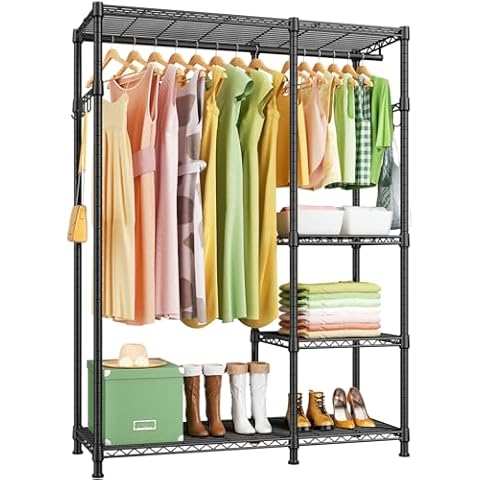 Ulif F4 Heavy Duty Clothes Rack（With Hanger Rod ） Freestanding Clothing Racks for Hanging Clothes，Adjustable Closet Organizer System，Portable Garment Rack 45" W x 15" D x 70" H，Max Load 500LBS，Black Cover