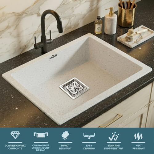 Image of ARQUIN Quartz Kitchen Sink 21x18x9 Inch Sand Pluto | Single Bowl Sink | Durable & Scratch-Resistant | Undermount /Topmount Including Coupling, Waste Pipe & Fruit Washing Basket