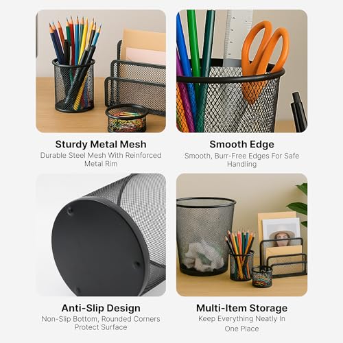 Image of The Better Home Set of 4 Desk Organisers | Pen Holder Clip Holder Dustbin File Holder | Metal Mesh Design | Multi-Purpose Office Supplies Organizer | Table Organizer for Office Desk