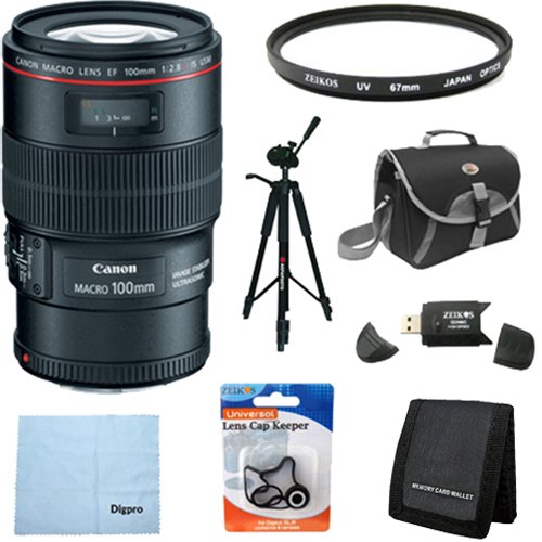 Canon EF 100mm f2.8L IS USM Macro Lens for Canon Digital SLR Cameras with 67mm Multicoated UV Protective Filter, Deluxe Bag, Lens Cap Keeper, Memory Card Wallet, USB 2.0 Card Reader, Professional Tripod + More