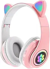 Fone de Ouvido Bluetooth 5.0 Orelha de Gato com LED, Microfone Integrado, Som Estéreo, Conexão Sem Fio e P2, Ajustável e Dobrável – (Rosa) D7 Store-