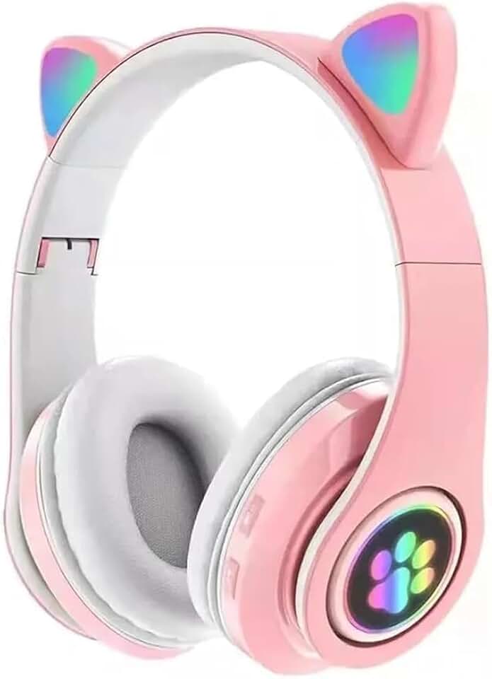 Fone de Ouvido Bluetooth 5.0 Orelha de Gato com LED, Microfone Integrado, Som Estéreo, Conexão Sem Fio e P2, Ajustável e Dobrável – (Rosa) D7 Store-