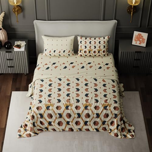 Image of BLISSHOME SoftTouch 150TC Cotton King Size Printed Bedsheet with 2 Pillow Covers for Double Bed, Silky Smooth Bedding Set, Breathable, Easy Maintain, Geometric Pattern - Beige (228cm X 274cm)