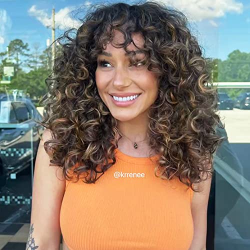LONAI Curly Wig with Bangs for Women Long Light Brown Kinky Wigs with Bangs Curly Shag Synthetic Wig for Daily Use Party Cosplay
