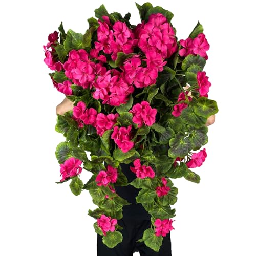 Dophinena Paquete de 2 paquetes colgantes de geranios artificiales, flores de seda, plantas de geranio para el hogar, jardín, boda, decoración interior y exterior (fucsia colgante, 2 unidades)