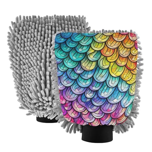 IOACIY Absorbent Microfiber Car Wash Drying Mitts, 2 Pack, Scratch-Free & Lint-Free, Rich Foam, Highly Absorbent, Double Sided, Wash Mitt Perfect for Car Washing, M, Colorful Dragon Scales (8)