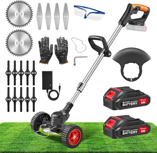 SakerPlus 24V Cordless Weed Wacker Electric Grass Trimmer Weed Eater with 2 Batteries 3-in-1 Lightweight Brush Cutter/Lawn Mower/Edger with Wheels & 3 Types of Blades for Lawn Garden & Yard Care