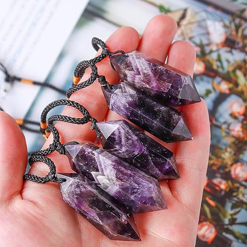 Image of Runyangshi Healing Crystal Pendants, Double Pointed Natural Crystal Quartz Necklace 6 Faceted Chakra Crystal Wand Stone (Dream Amethyst)