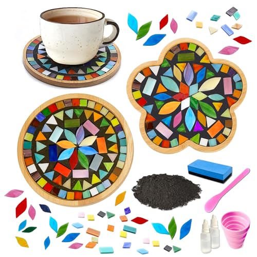Nuyoach Diy Mosaic Craft Kit For Adults,Stained Glass Kits Mosaics Tiles For Crafts With Large Wooden Coaster Making Materials Package,Mosaic Ceramic Bulk Supplies For Women Kids Beginners Decor Gifts