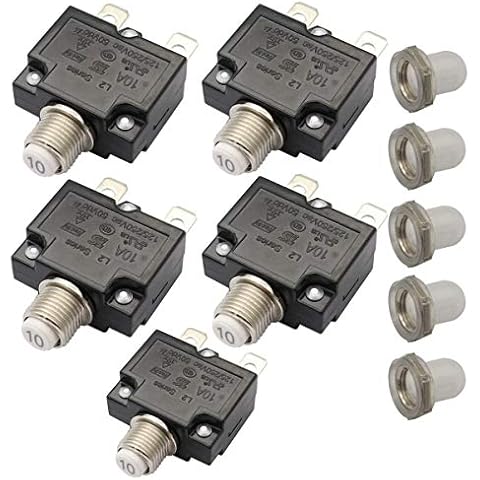 T Tocas 5pcs Push Button Reset 10A Circuit Breakers with Quick Connect Terminals and Waterproof Button Cap Cover
