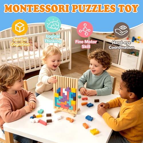 Image of Wooden Stacking Puzzle Toy, 42 Pcs 3D Montessori Russian Blocks Puzzles for Toddlers 3+ Years Old, Brain Teaser Educational Travel Game for Kids, Logic Intelligence Development Gift