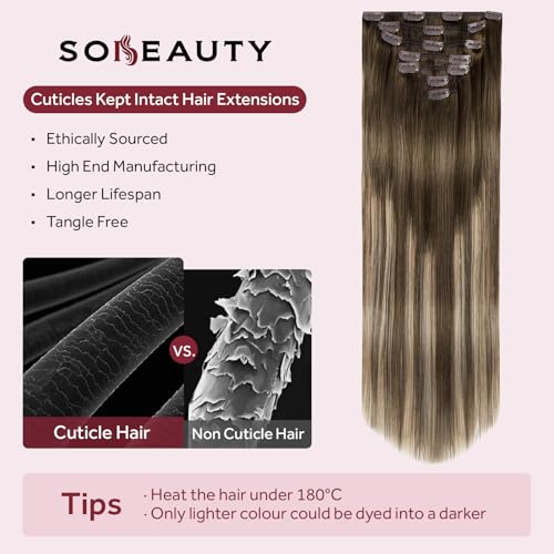 Extensions à clip cheveux naturels marron méché blond 35cm pour tête complète