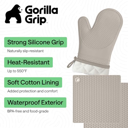 Image of GORILLA GRIP BPA-Free Soft Silicone Oven Mitts and Pot Holders Sets of 4, Heat Resistant Waterproof Cooking Gloves, Thick Cotton Lining, Flexible Gripping for Baking Grilling, Kitchen Trivets, Almond