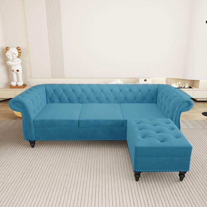Image of Chesterfield Velvet 3 Seater Round Arm Sofa + Ottoman Modern Sofa for Your Loving Space, Bedroom, Living Room, Offices (Teal)