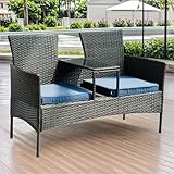 TINKLE WELL Sofá biplaza de mimbre para exteriores, color