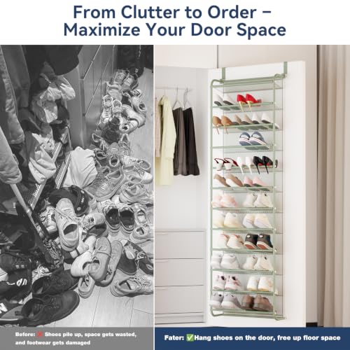 Image of Whitmor 36 Pair Over the Door Shoe Rack,12 Tier Hanging Shoe Organizer with Metal Frame & Mesh shelves, Heavy Duty Shoe Storage Holder for Door,No Drill Installation, 74 inch H x 21.7 inch W x 7.5 inch D, Green