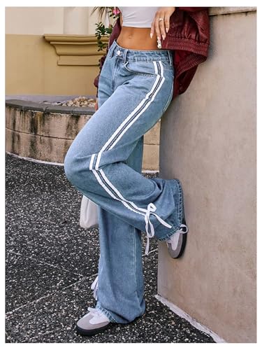 GORGLITTER Women's Y2k Wide Leg Jeans Cute Bow Stripe Side Baggy Trendy 2025 Denim Pants with Pockets2