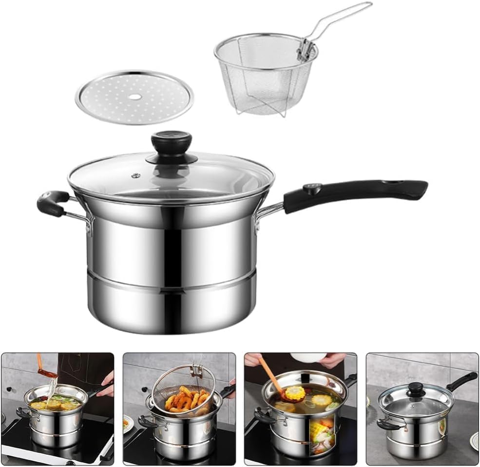 Image of 18 /10 Stainless Steel, 4 Piece Pasta Pot with Strainer Insert, StockPot with Steamer Basket and Insert, Set with Glass Lid