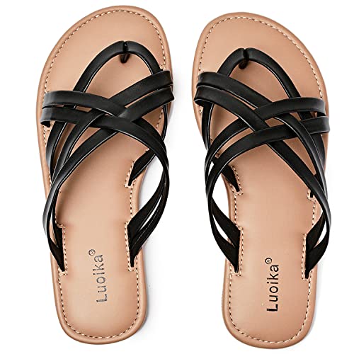 Image of Luoika Women's Wide Width Flat Sandals, Flip Flop Slides Sandal Casual Strapy Sandal Slip on Summer Beach Shoes for Women.