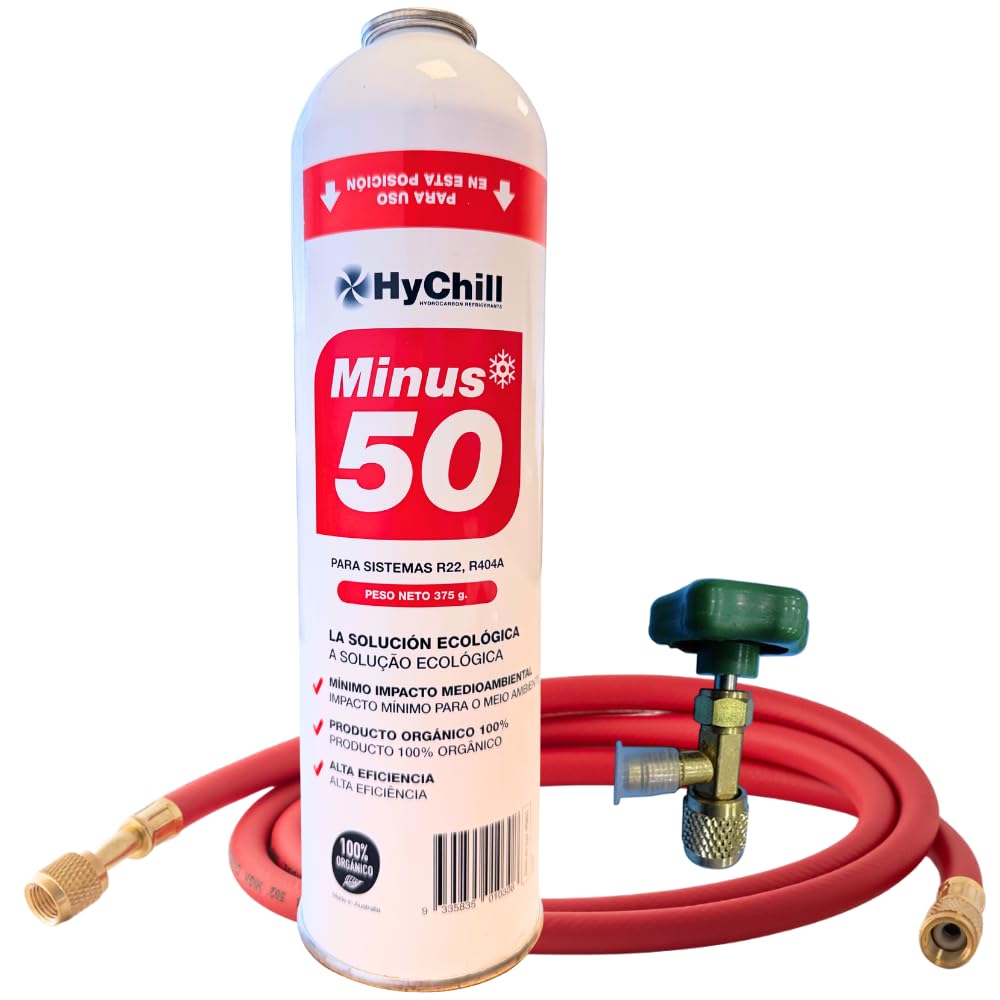 Isobutano HyChill Minus 50 - Alternativo compatibile R22 e R404 - Sostituto R407 e R502 - Contenitore gas organico (1 bottiglia + valvola + tubo
