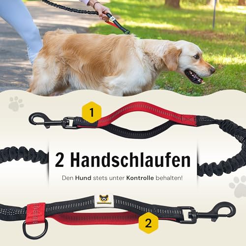 Hundefreund Joggingleine mit Bauchgurt Schwarz | Laufleine Elastisch Ruckdämpfend Reflektierend für Mittelgroße und Große Hunde bis 70 kg | Freie Hände zum Joggen Laufen Radfahren Wandern