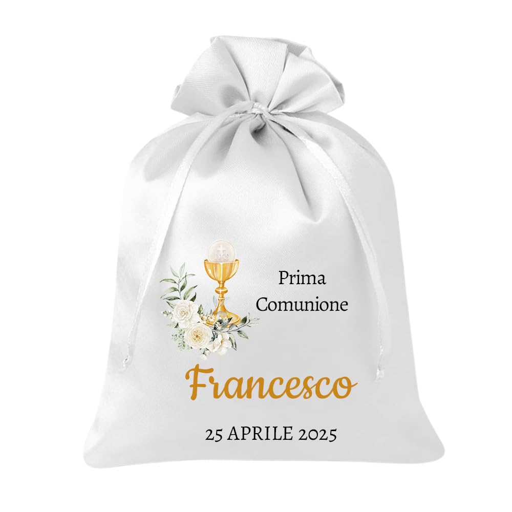 Cormar Sacchetti Bomboniere Prima Comunione, 12 Pezzi, 9x12 cm, Personalizzati con Nome e Data, Bianco