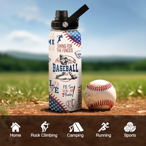 Image of Baseball Water Bottle - 32oz Stainless Steel Insulated Sport Bottles with Lid - Men Baseball Lover Player Fan Coach