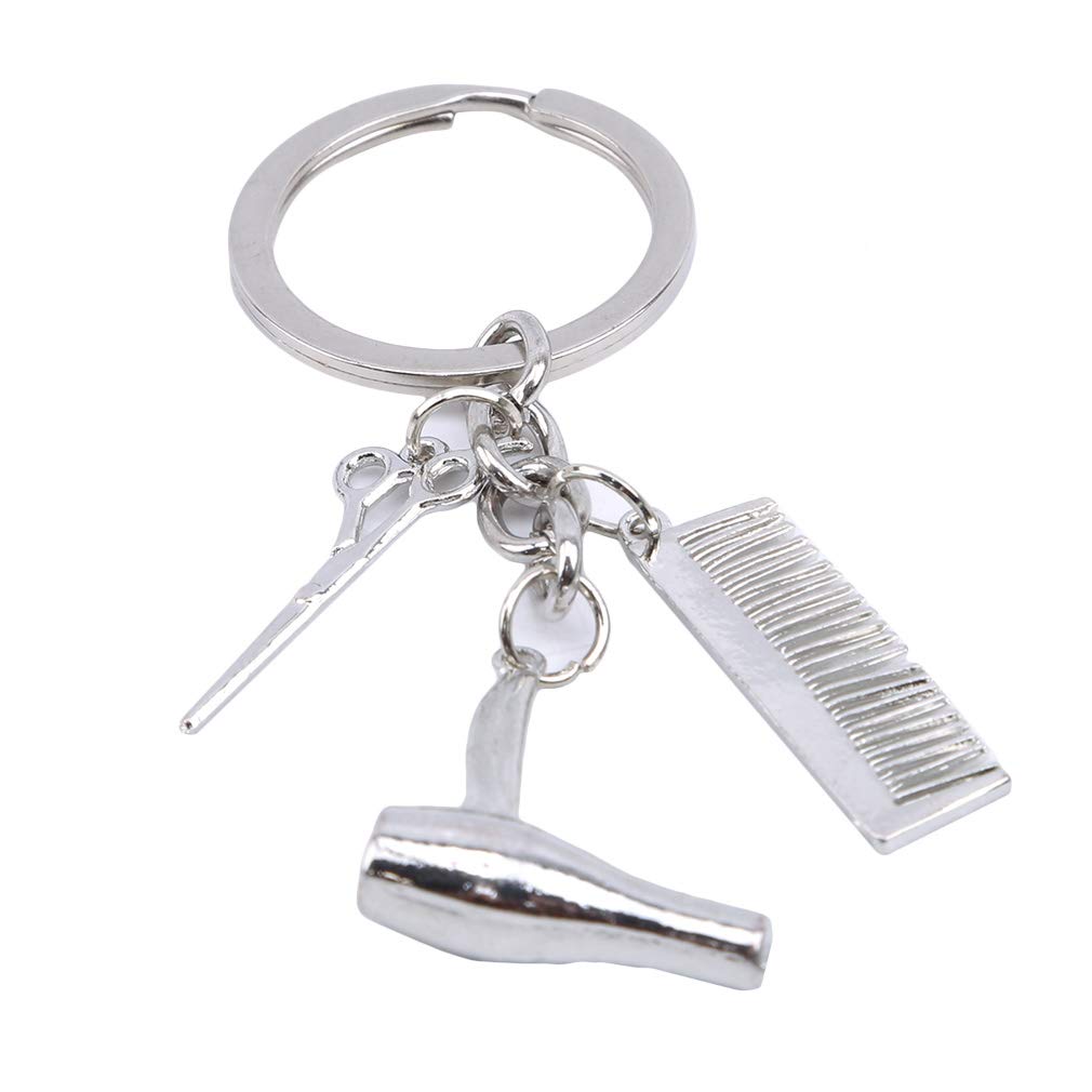 SUNSKYOO3 in 1 Hairdressing Tool Keychain Creative Hair Dryer Scissor Comb Charm Pendant Keychain,Silver