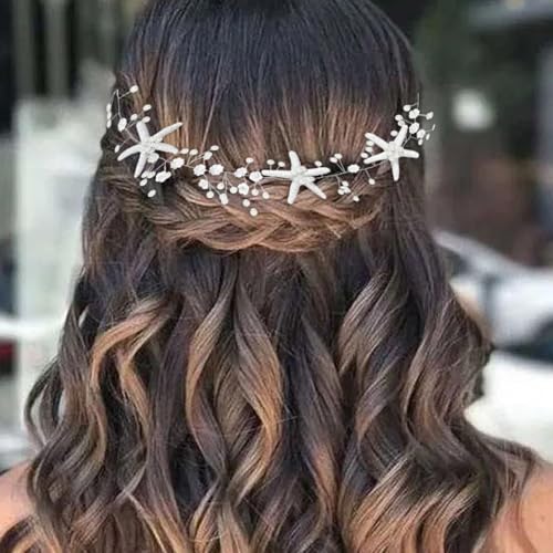 CASDRE Starfish Bride Wedding Hair Vine Pearl Bridal Headpiece Beach Wedding Hair Accessories for Women and Girls(A Silver)