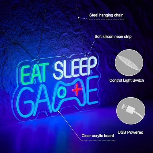 Image of Game Room Decor EAT SLEEP GAME Dimmable LED Neon Sign Beer Bar Man Cave Bedroom Home Art Gaming Neon Light Signs Wall Artwork Sign