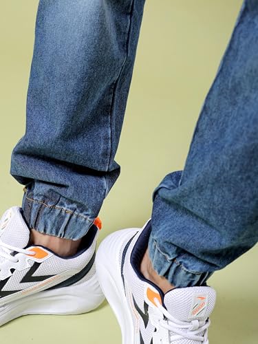 Image of The Indian Garage Co Men Regular Fit Solid Mid-Rise Stretchable Denim Cargo Joggers