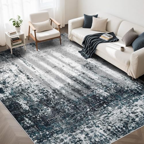 6x9 Area Rugs Washable Rug, Soft Modern Abstract Rugs for Living Room Large Low Pile Thin Rug Non Slip Indoor Neutral Carpet for Bedroom Dining Room Farmhouse Office Kids Playroom Black Grey Blue
