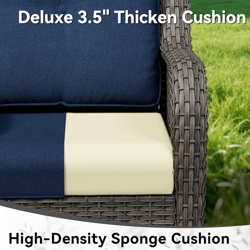 Image of Patio Rocking Chairs Set of 2, Outdoor Wicker Patio Furniture Set 2 Pieces with Thickened Olefin Cushions, High Back and Deep Seating, Hand-Woven PE Rattan for Porch, Deck, Blue