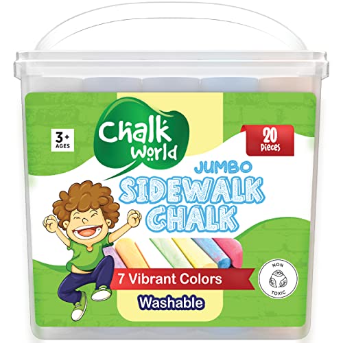 Chalk World Sidewalk Chalk, Washable Non-Toxic Outdoor Chalk, Sidewalk Chalk Bulk, 20 Pieces 7 Colors of Bright & Vibrant Jumbo Chalk Set For Kids, Summer Outdoor Toys For Kids