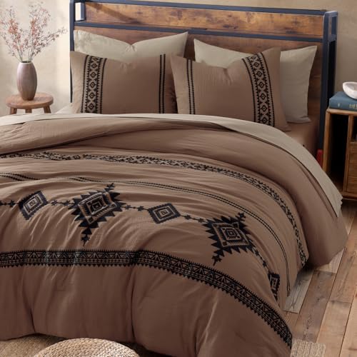 Image of MaiReve Embroidery Queen Comforter Set 7 Pieces Brown Bed in a Bag