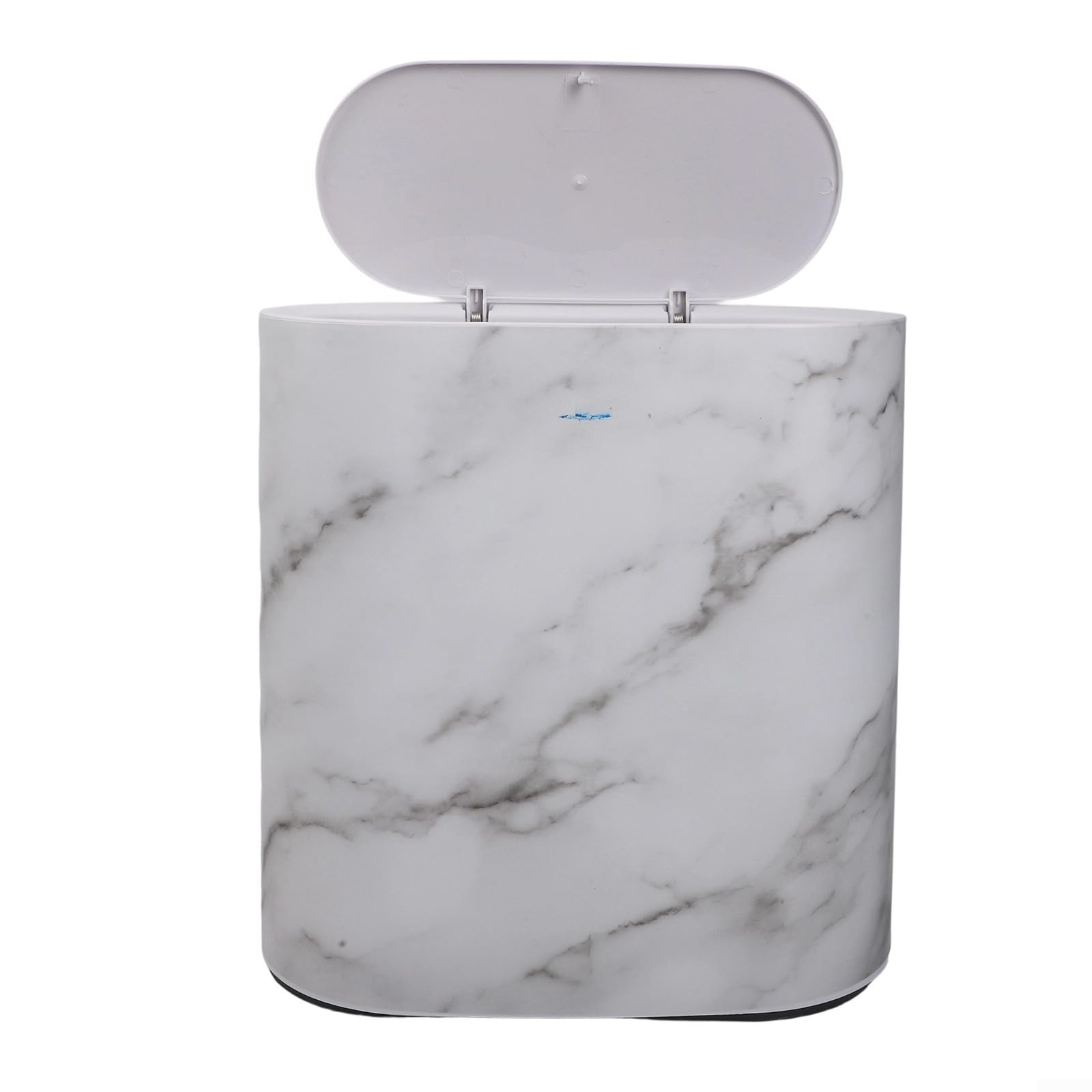 For Slim Trash Can with Lid, Narrow Plastic Waste Bin, Space-Saving Design with Dual-Tube Structure, Elegant-Marble-and Wood Grain Pattern(- White)