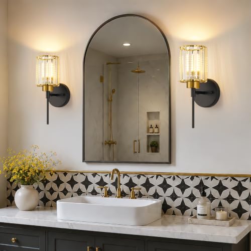 Image of Bathroom Wall Sconces Set of 2, Black & Gold Wall Lights with Clear K9 Crystal Shades, Bathroom Light Fixtures for Bedroom, Living Room, Hallway