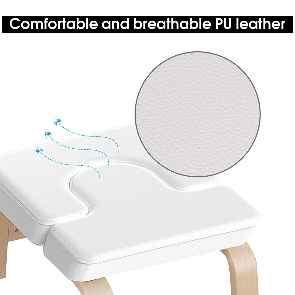 Sedia Yoga per Verticale sulla Testa,Sgabello Yoga per la Casa,Sedia per Inversione Yoga,Struttura in Legno Massello,Sgabello Verticale per Yoga con Cuscino del Sedile Rimovibile a Forma di T,Bianco