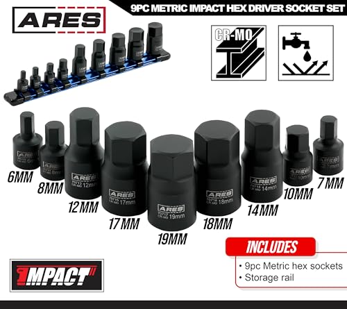 Image of ARES 70497 9-Pc Metric Impact Hex Socket Set, Chrome Moly, Rail