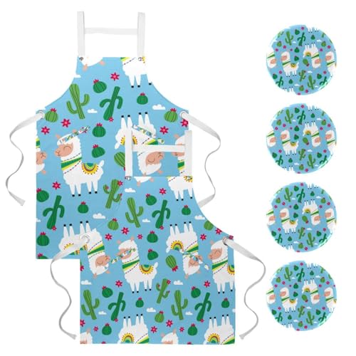 Tablier de cuisine lot de 2 avec motif alpaga mignon et 4 broches incluses