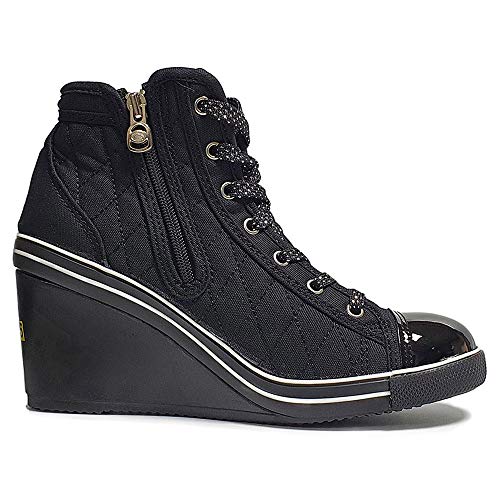 epdavin Women's Casual Canvas High Top High Heel Wedges Quilted Lace Up Sneakers3