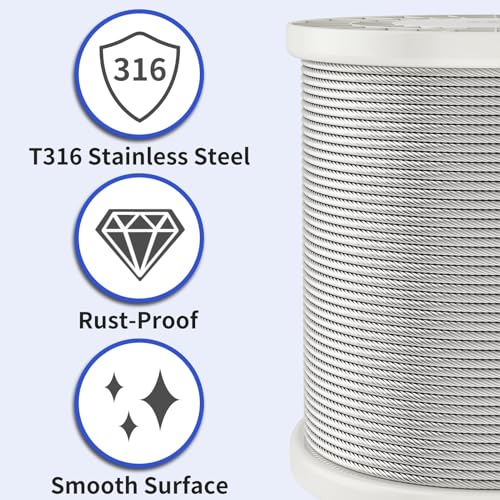 Image of LuckIn 1000FT Premium Deck Railing Cable - 1 /8 inch Diameter T316 Stainless Steel Cable, 7x7 Strands Wire Railing Hardware