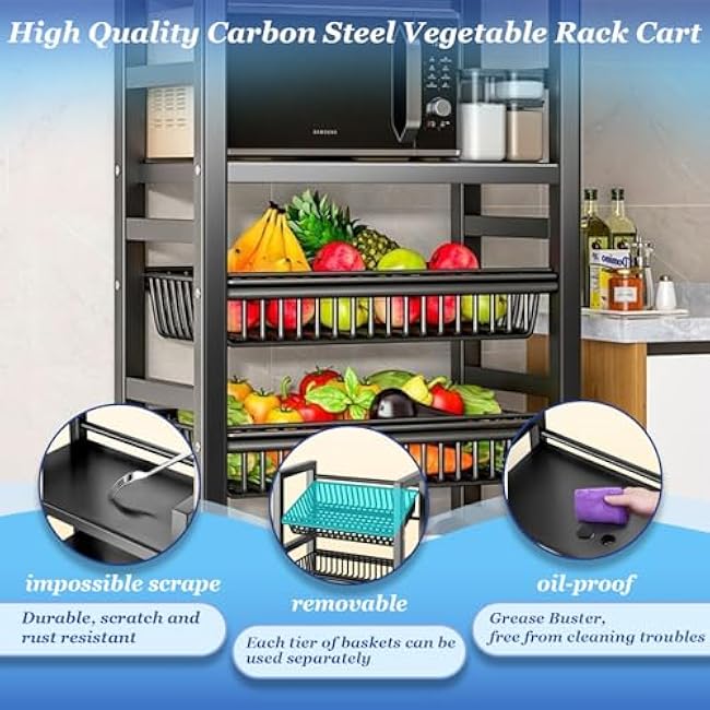 Kitchen Storage Cart, Rolling Snack Cart, 23.6W 4 Tier Fruit Basket Stand, Metal Pantry Storage with Stackable Wire Basket, Black (4Tier3basket)