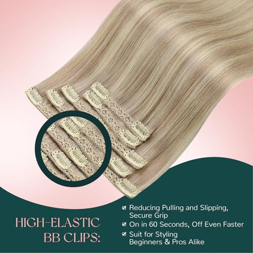 Image of Easyouth Clip in Hair Extensions Highlight Clip in Human Hair Extensions Warm Ash Blonde Highlights Bleach Blonde Real Human Hair Extension Clips ins 20 Inch 80G 5Pcs