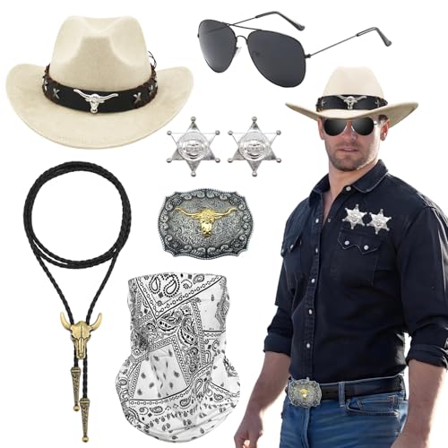 Saier tbo 7 Pièces Westen Cowboy Costume Set pour homme, Blanc Rétro Kit d'accessoires de Cowboy avec Chapeau Masque Lunettes Collier et Badge pour Halloween...