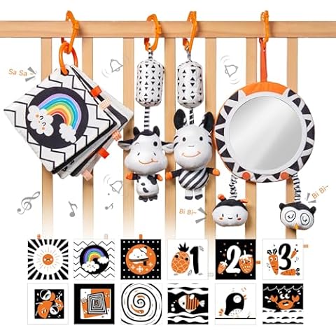 TUMAMA Black and White Baby Toys, High Contrast Baby Tummy Time Toys, Newborn Soft Books Mirror Rattles, Montessori Sensory Toys 0-12 Months, Hanging Infant Toys for Carseat Stroller Play Mat Crib Cover