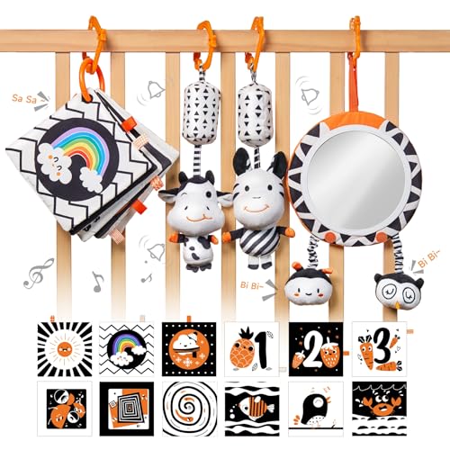 Image of TUMAMA Black and White Baby Toys, High Contrast Tummy Time, Newborn Soft Books Mirror Rattles, Montessori Sensory 0-12 Months, Hanging Infant for Carseat Stroller Play Mat Crib